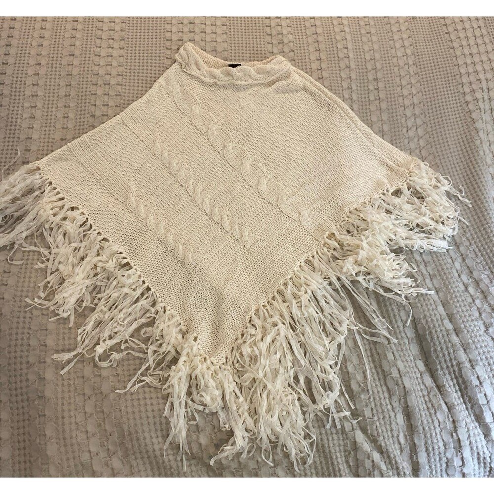 Girls Cable Knit Sweater Poncho One Size Cream Fringe Edge Unique Cable Design